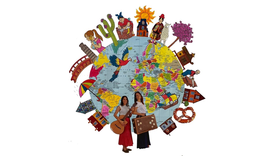 Foto für die Veranstaltung von Umgedreht Unterwegs mit einer Weltkugel und Illustrationen darum, die die Kultur verschiedener Regionen darstellen, vor weißem Hintergrund