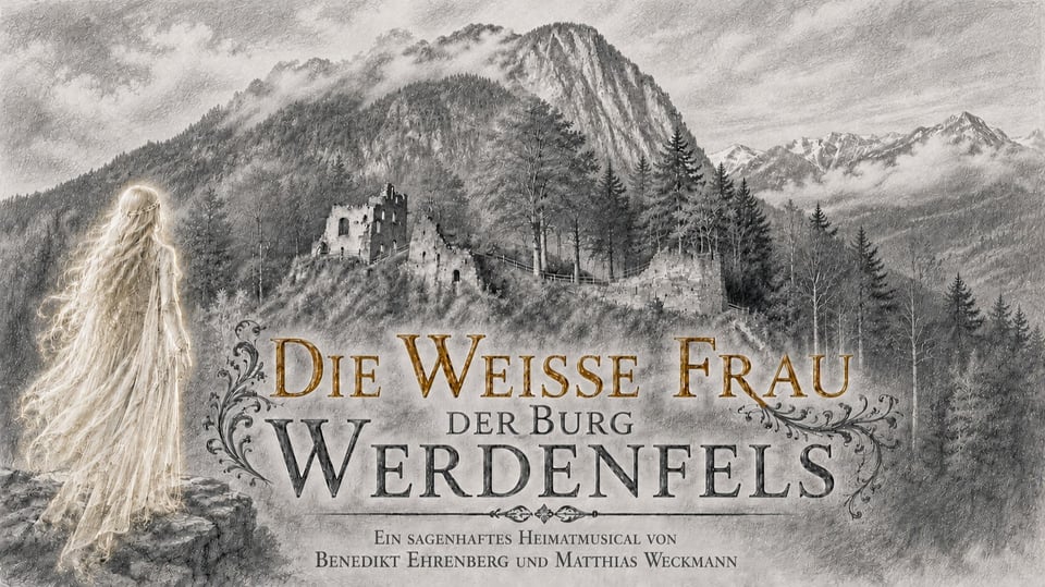 Illustratives Plakat in Grautönen mit Berg- und Burgruine, links eine geisterhafte, weiß gekleidete Figur, Titel Die Weiße Frau der Burg Werdenfels