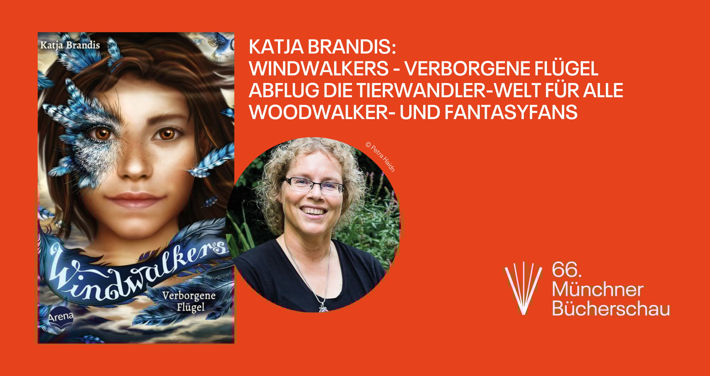 Grafik mit orangenem Hintergrund, Buchcover und das Foto einer Person 