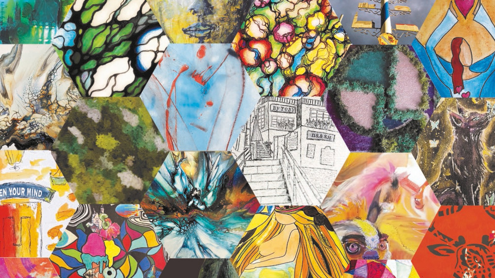 Eine Collage für die Veranstaltung Kunstverein Kunst Community.UFG mit hexagonalen Formen