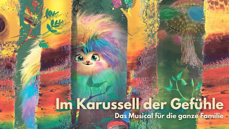 Farbenfrohes Illustrationsmotiv zum Musical „Im Karussell der Gefühle – Das Musical für die ganze Familie“: In einer fantasievollen Waldszene ist eine kleine, wuschelige Fantasiefigur mit großem Kopf und flauschigem Fell zu sehen, umgeben von Bäumen, Blättern und leuchtenden Farbfeldern in Gelb‑, Grün‑, Rot‑ und Blautönen. Die Darstellung wirkt verspielt und märchenhaft. Unten im Bild steht der Schriftzug „Im Karussell der Gefühle“ sowie „Das Musical für die ganze Familie“. Das Motiv vermittelt eine kinderfreundliche, emotionale und kreative Atmosphäre.