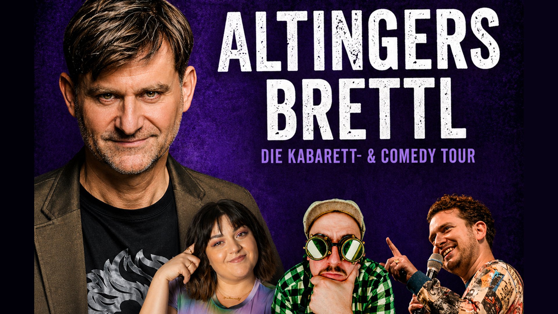 Plakat zur Veranstaltung Altingers Brettl mit Michael Altinger und drei weiteren Personen vor violettem Hintergrund