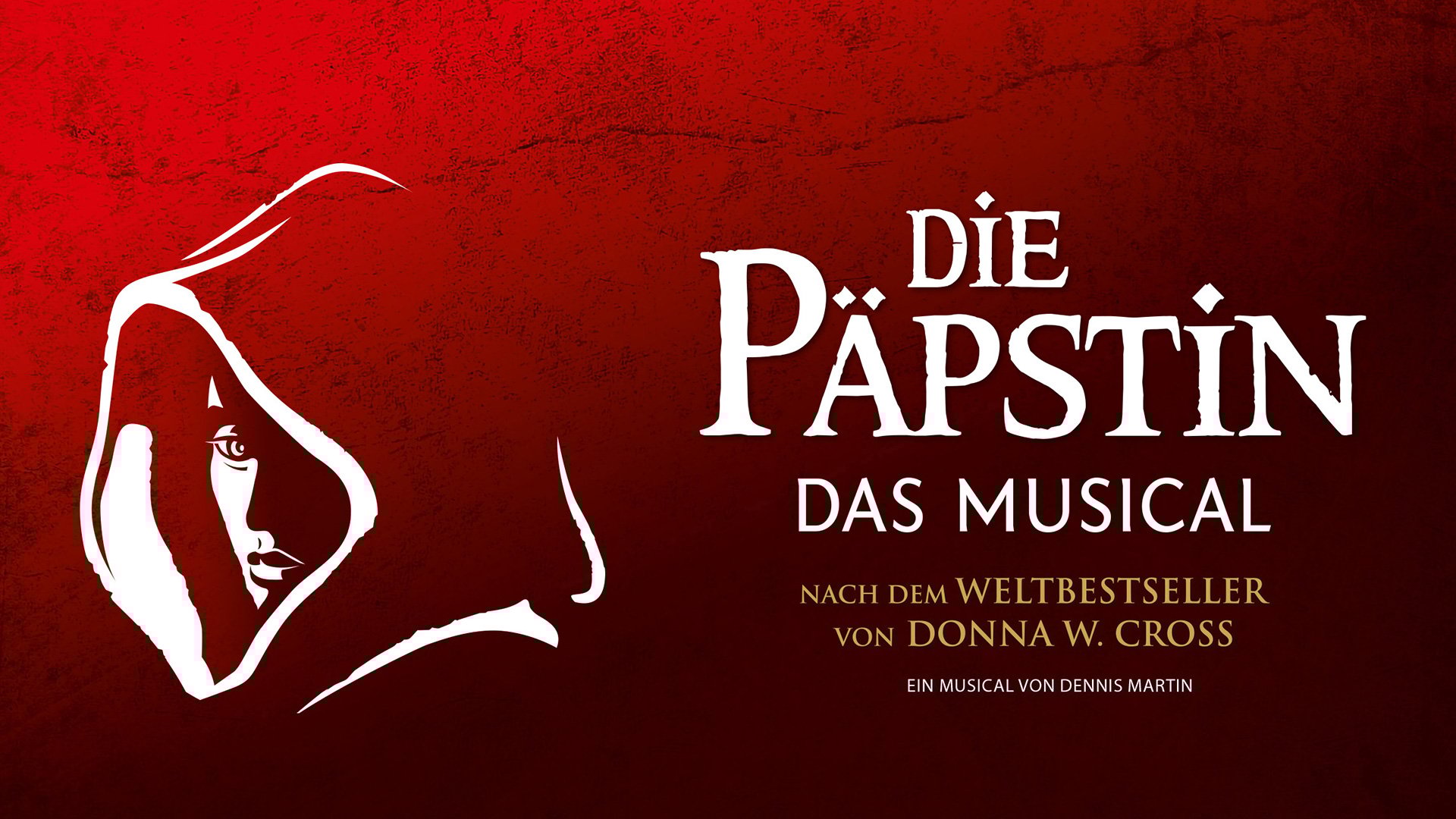 Foto für das Päpstin-Event mit einer Illustration eines Gesichts, das von einer Tunika bedeckt ist, und einer weiß-gelben Typografie auf rotem Hintergrund.