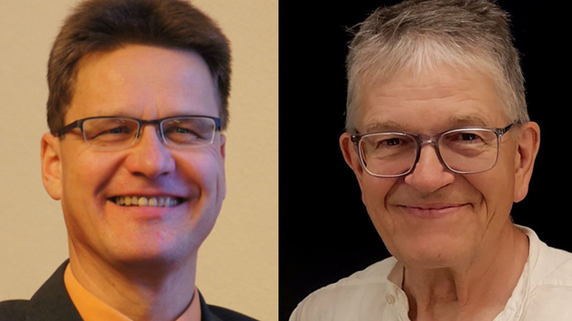 Foto für die Veranstaltung ‚Die Zeit ist ein sonderbares Ding‘ mit einer Collage aus zwei Fotos mit den Gesichtern der Künstler, eines vor gelbem Hintergrund und das andere vor schwarzem Hintergrund