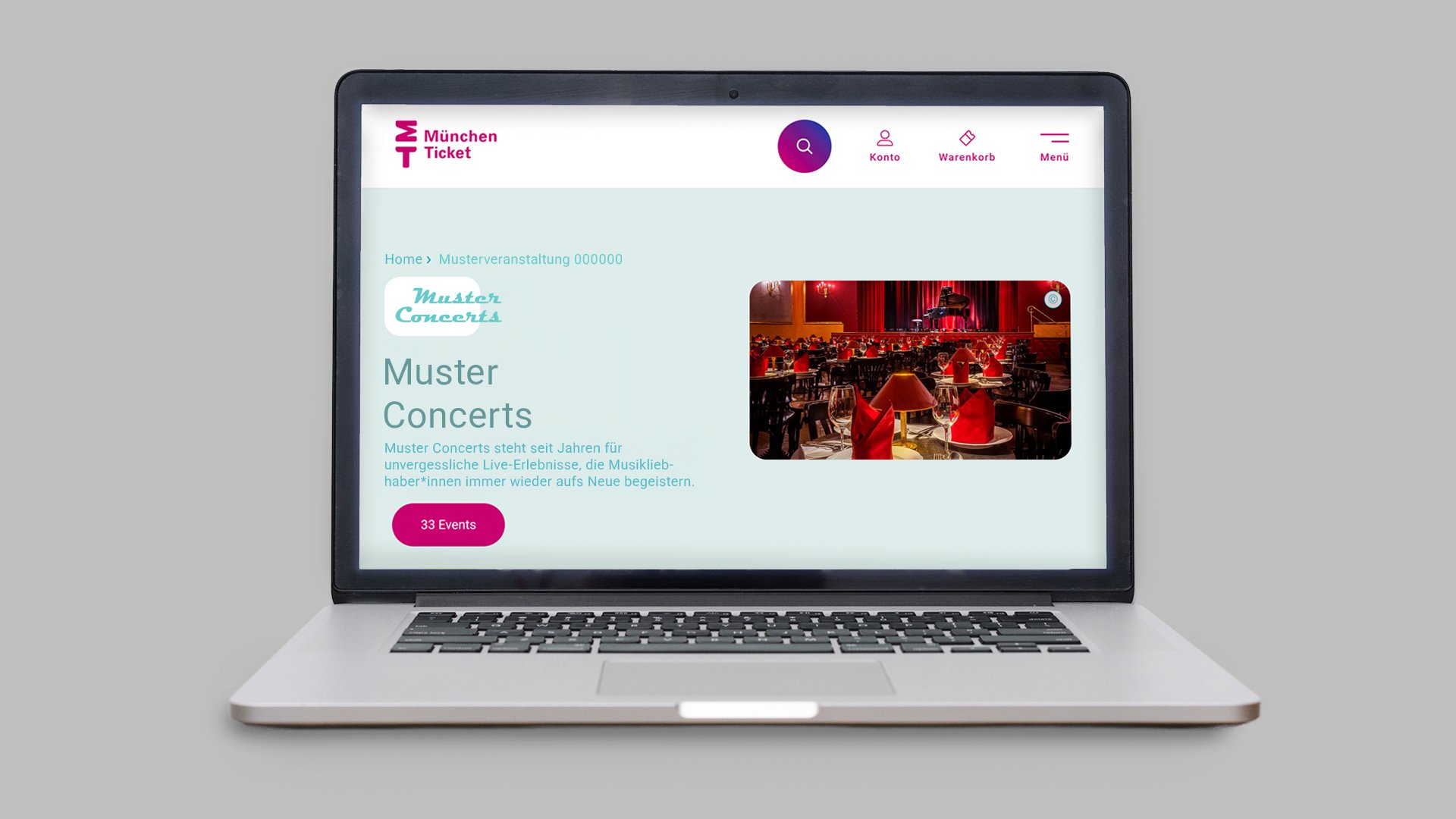 Laptop mit geöffneter München-Ticket-Website auf dem Bildschirm, angezeigt wird eine Veranstaltungsseite mit dem Titel „Muster Concerts“ und einem Konzertfoto.