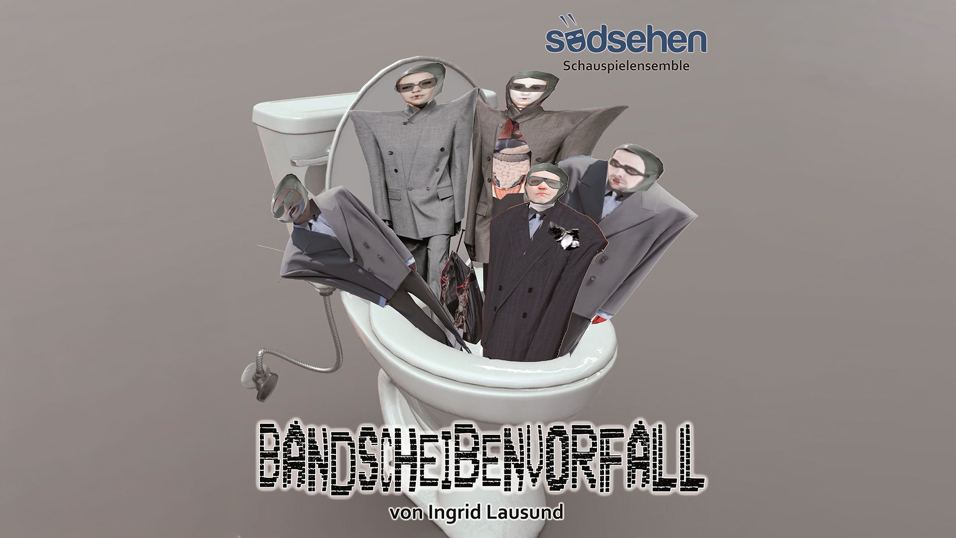 Eventplakat „Schauspielensemble Südsehen – Bandscheibenvorfall“ mit Figuren im Wartezimmer vor braun-grauem Hintergrund.