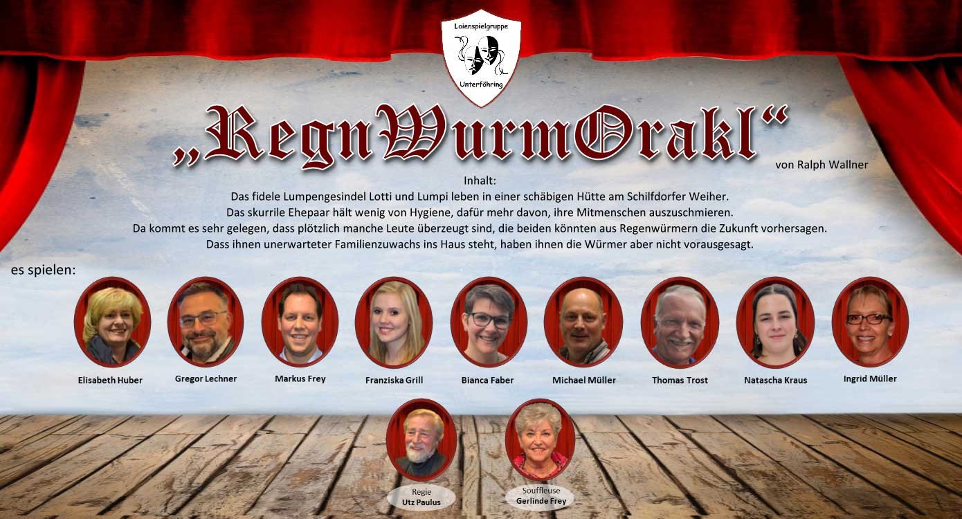 Eine Collage mit den Gesichtern der Künstler und im Hintergrund ein Theater mit roten Vorhängen.