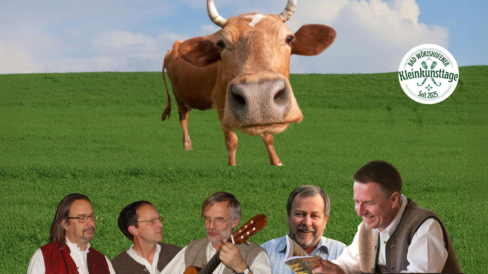 Collage für die Veranstaltung „Kleinkunsttage – Schwäbisch gschwätzt“ mit einer Kuh, einer Wiese und den Künstler*innen mit Instrumenten.