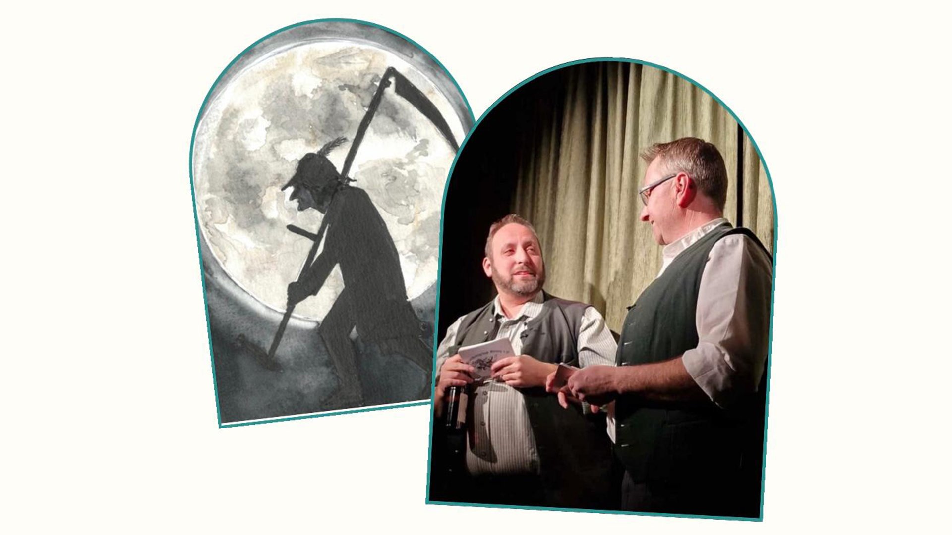 Collage aus zwei Bildern, eine Zeichnung des "Henkers" und ein Foto von zwei Darstellern