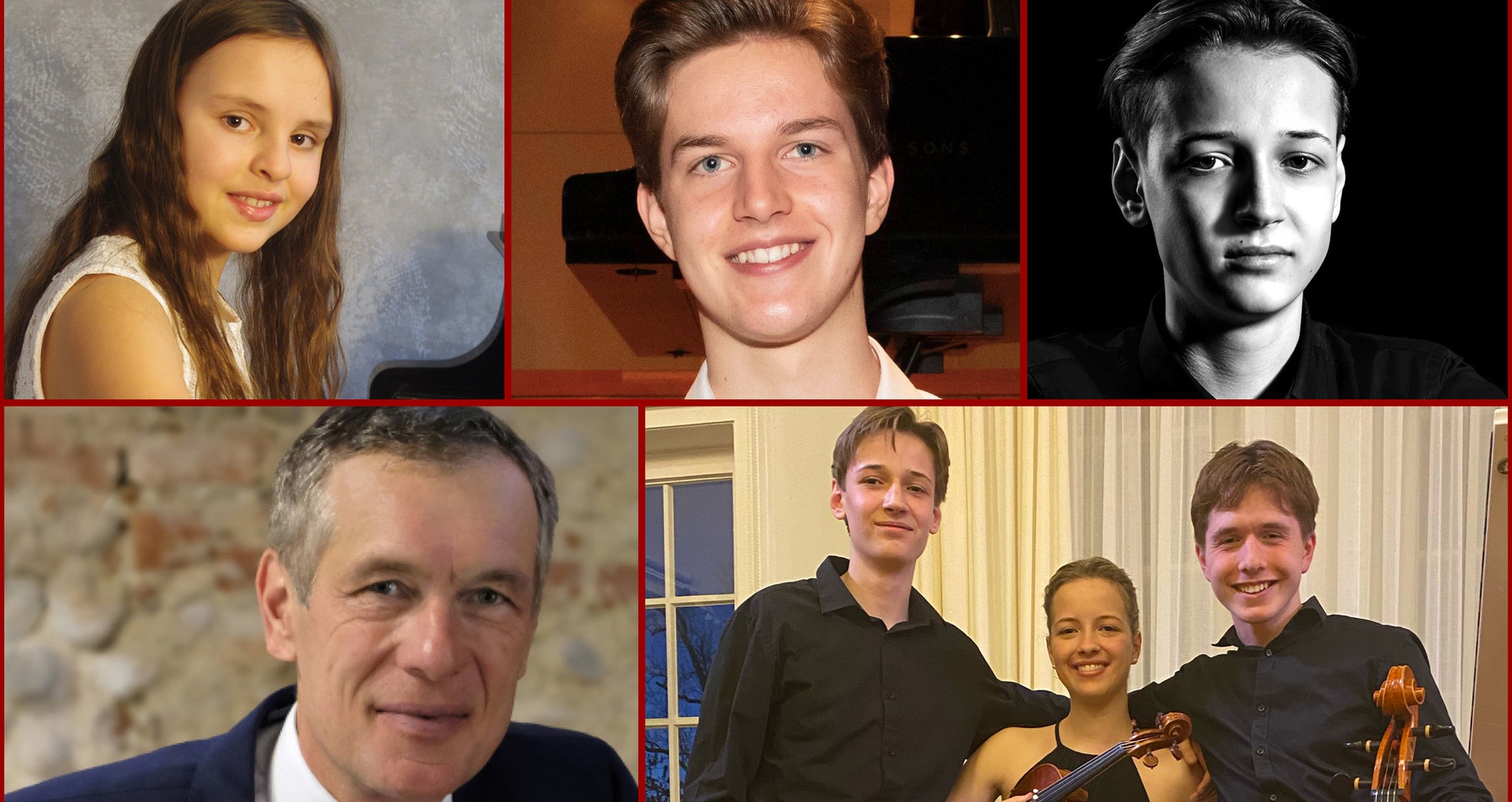 Collage von acht Künstlern, teils Portrais, mit Instrumenten