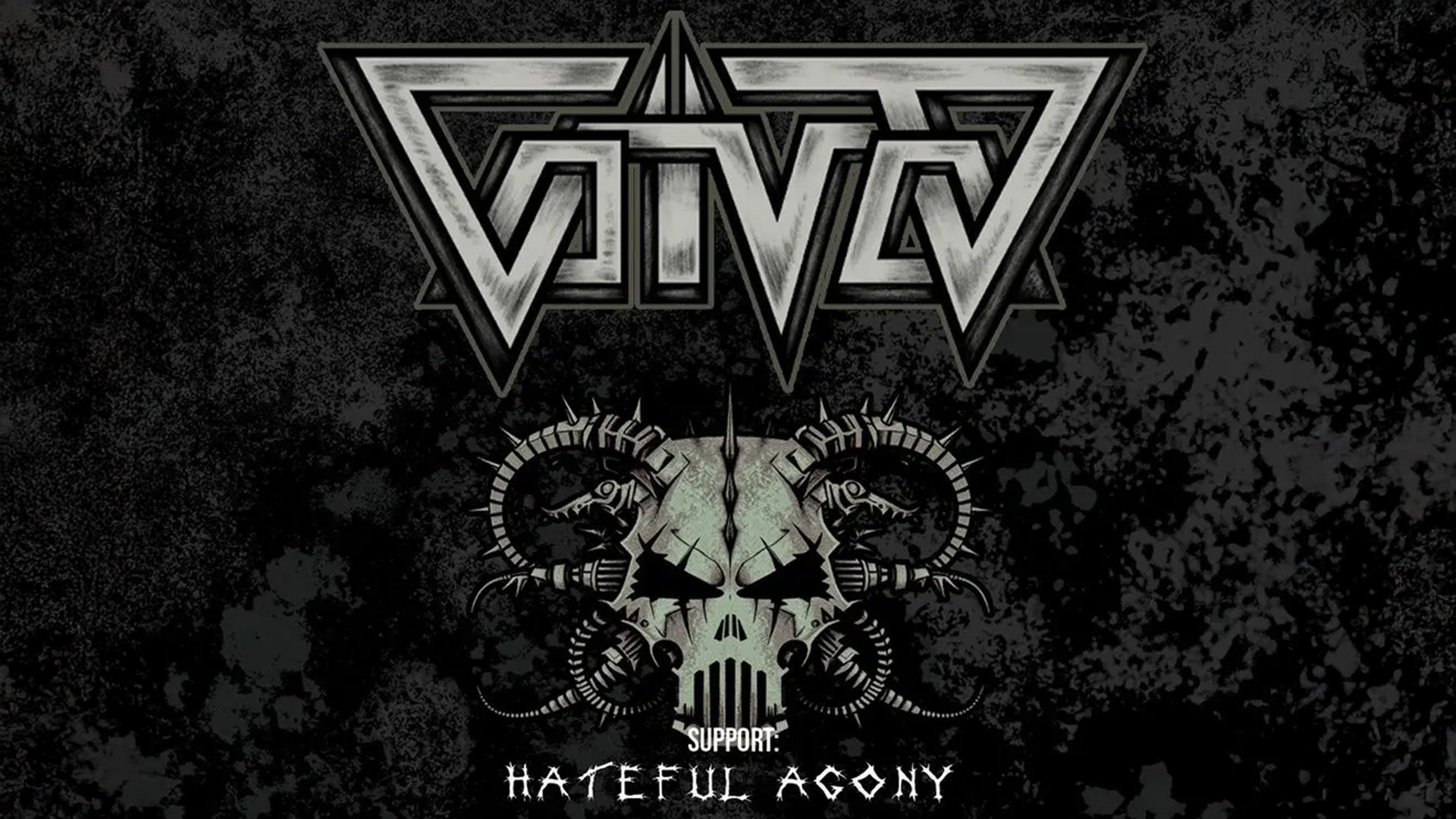 Grafisches Poster mit Logo VOIVOD in metallischer Schrift über stilisiertem Totenkopf mit technischen Elementen, dunkler Hintergrund, darunter Schriftzug Support Hateful Agony, Eventbild für ein Metal‑Konzert