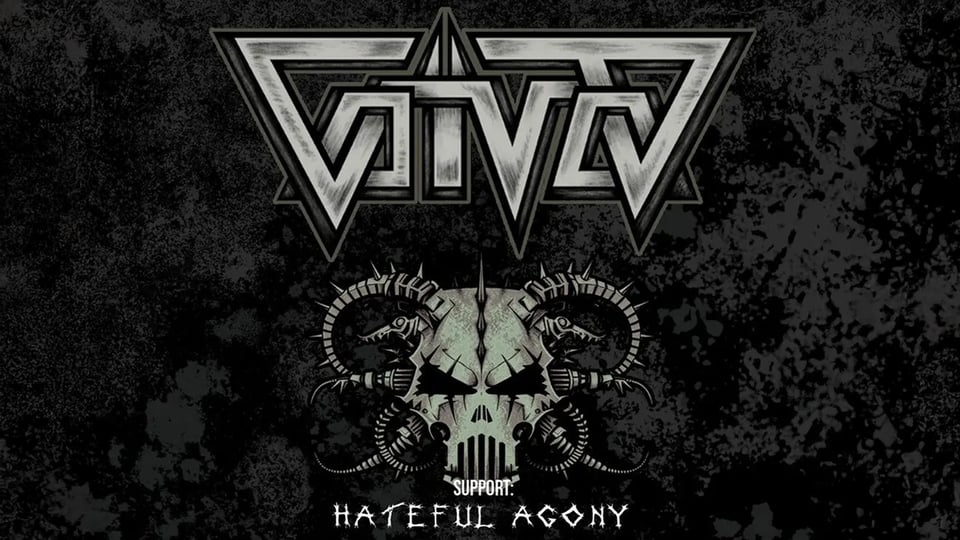 Grafisches Poster mit Logo VOIVOD in metallischer Schrift über stilisiertem Totenkopf mit technischen Elementen, dunkler Hintergrund, darunter Schriftzug Support Hateful Agony, Eventbild für ein Metal‑Konzert