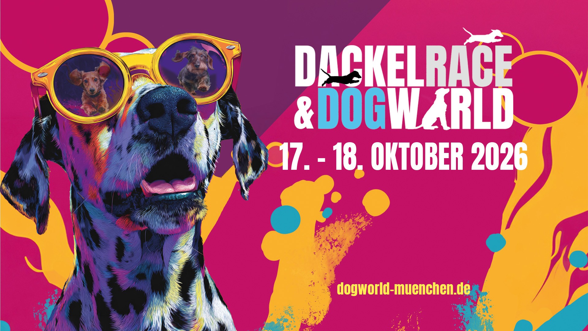 Buntes Eventplakat mit Dalmatiner mit Sonnenbrille und Text ‚Dackel Race & Dog World, 17.–18. Oktober 2026