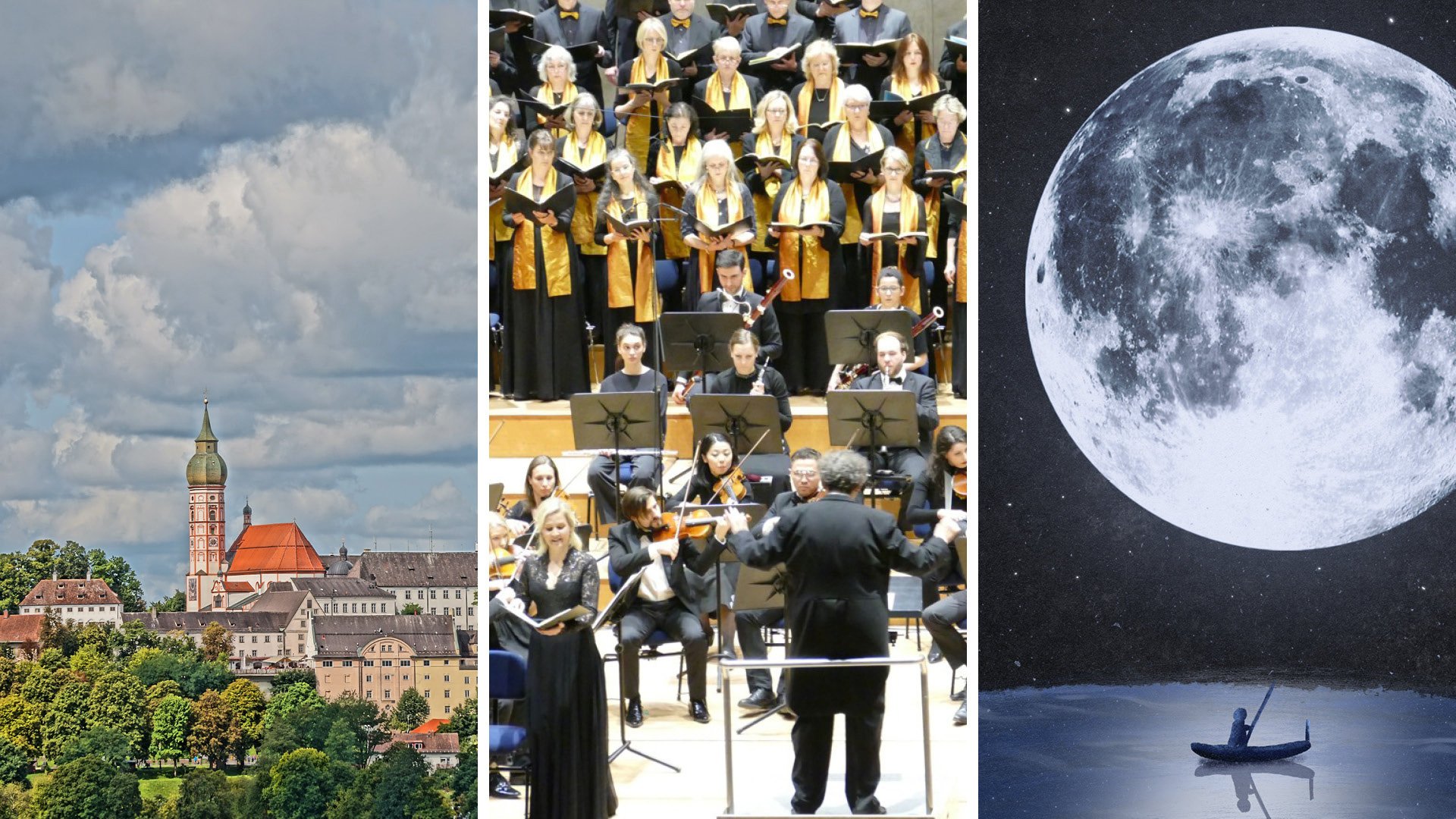 Eine Collage mit drei Bildern: ein Mond, ein Orchester und ein Foto von München, für die Veranstaltung Carl Orff – Der Mond