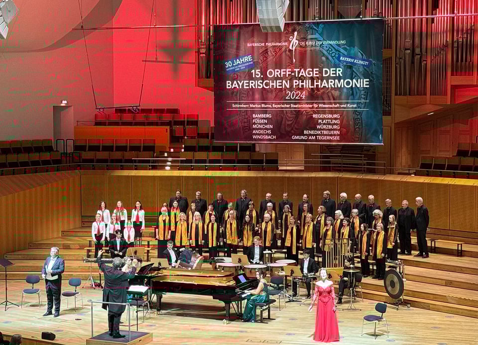 Orchester auf Bühne mit Leinwand im Hintergrund mit Info zur Veranstaltung