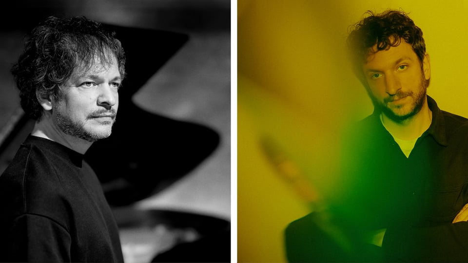 Collage aus einem schwarz-weiss und einem Farbfoto der beiden Künstler