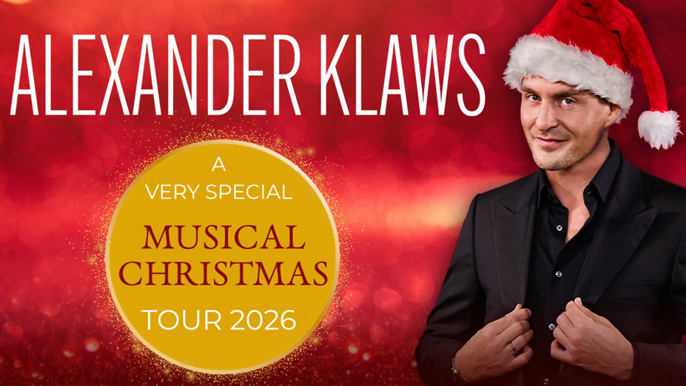 Werbebanner mit rotem Hintergrund, Alexander Klaws im schwarzen Sakko und Weihnachtsmütze und Aufschrift mit Konzertankündigung