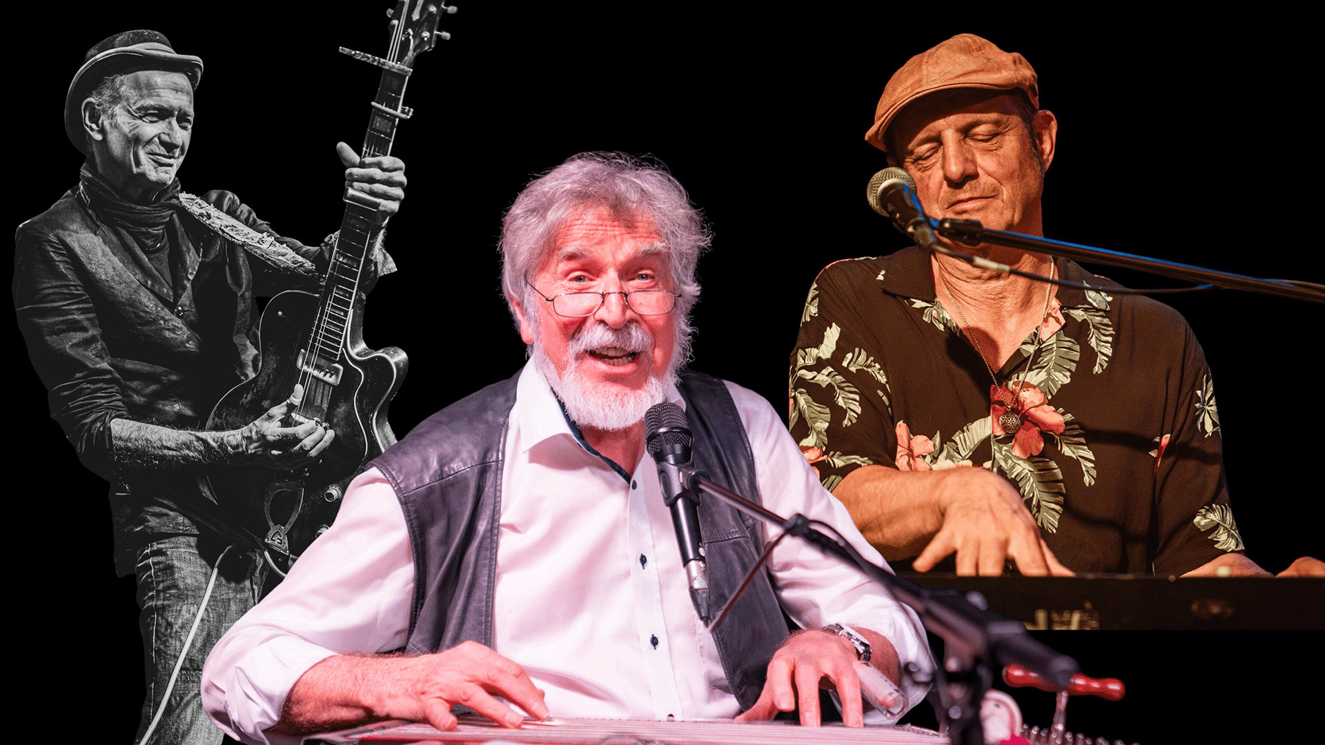 Collage mit drei ältereren Musikern vor schwarzem Hintergrund, darunter ein Gitarrist links, ein Sänger am Mikrofon in der Mitte und ein Keyboardspieler an seinem Instrument rechtswährend eines Bühnenauftritts.